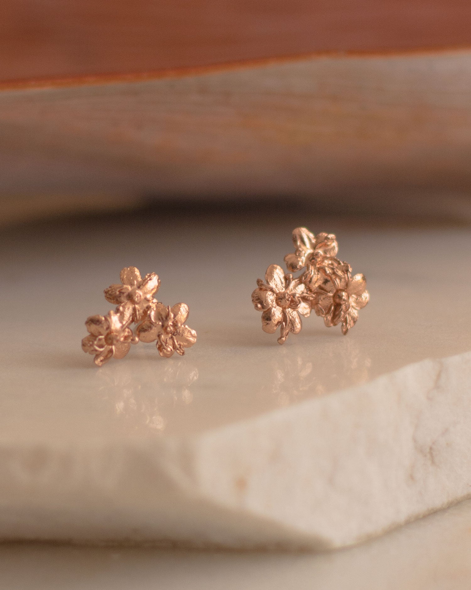 Aretes diseño de flores de sauco pequeños inmortalizados en bronce con un baño de oro rosado