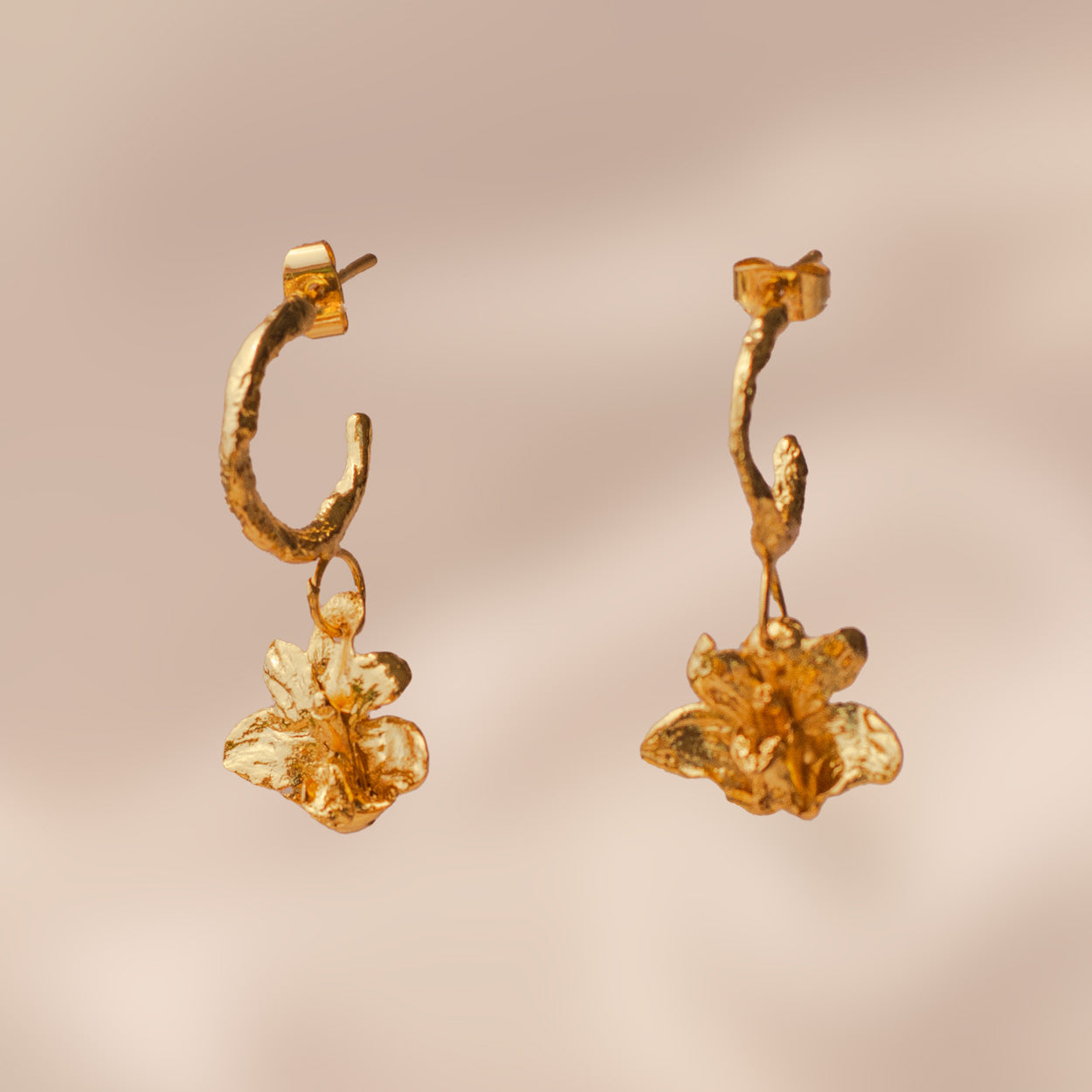 Aretes Candonga Orquídea Maxilaria en bronce bañado en oro de 24k, destacando la belleza única de las flores inmortalizadas