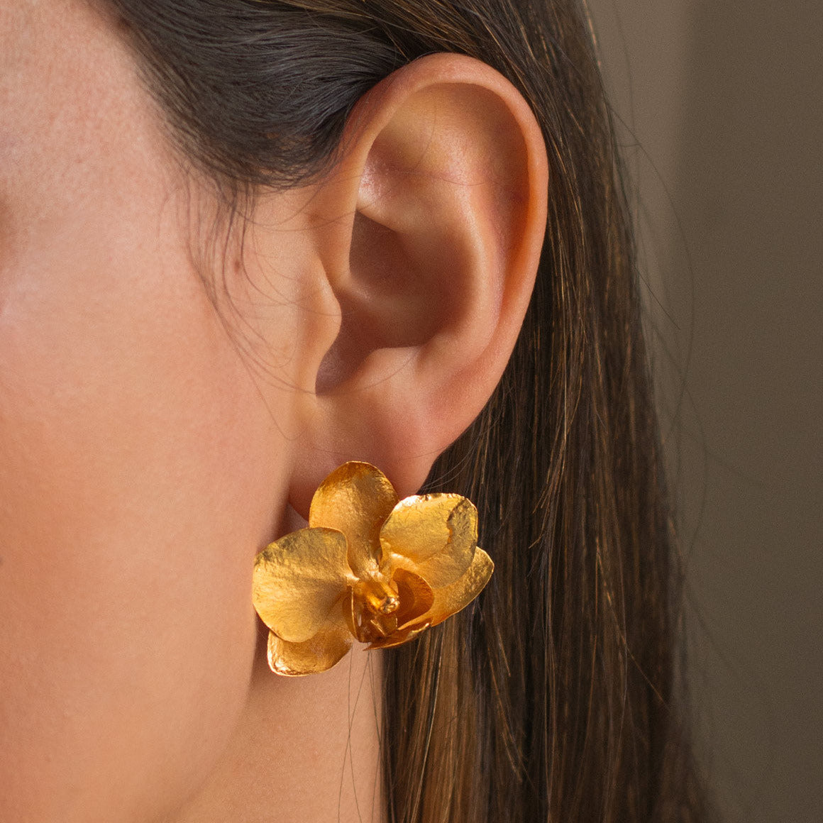 aretes topo orquídea phalaenopsis baby en bronce enchapado en oro diseño único