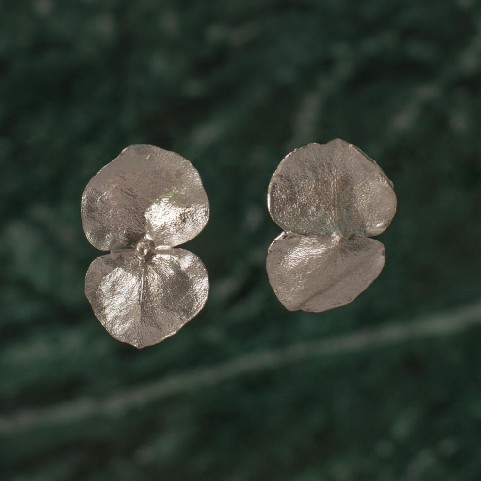 Aretes Topo Eucalipto Plata Ecológica, mostrando la delicada textura y forma de las hojas de eucalipto natural preservadas en metal reciclado
