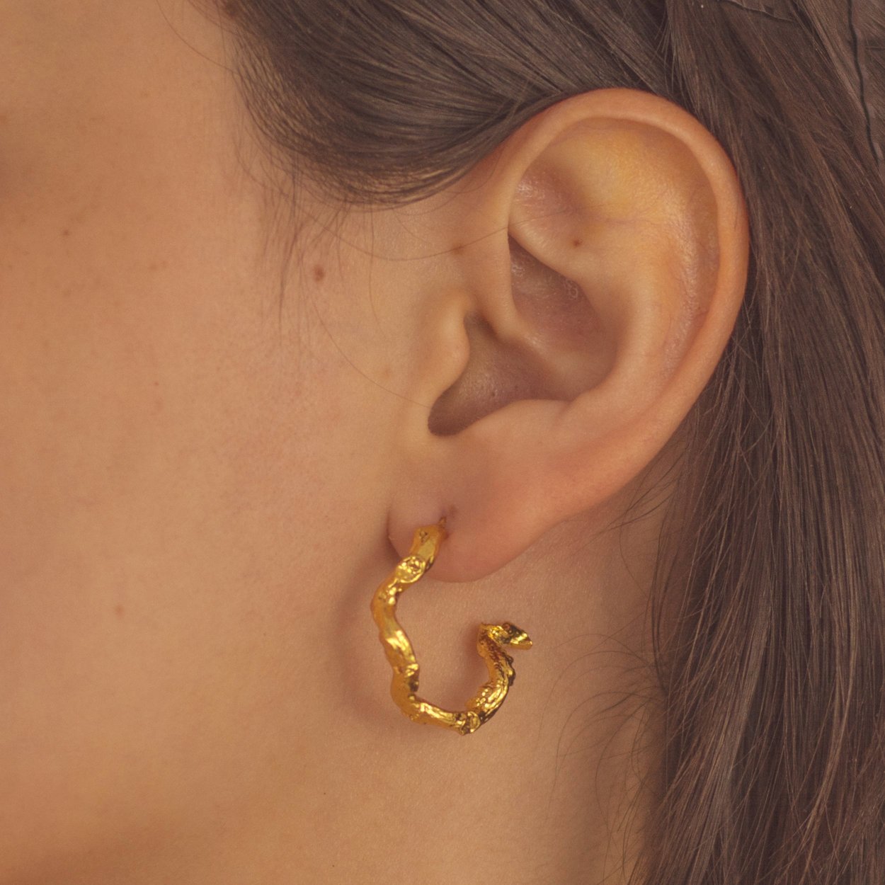 Aretes Aro Candonga Ramita Palma Pequeños en bronce bañado en oro de 24k, resaltando la textura natural de las ramitas de palma de coco inmortalizadas