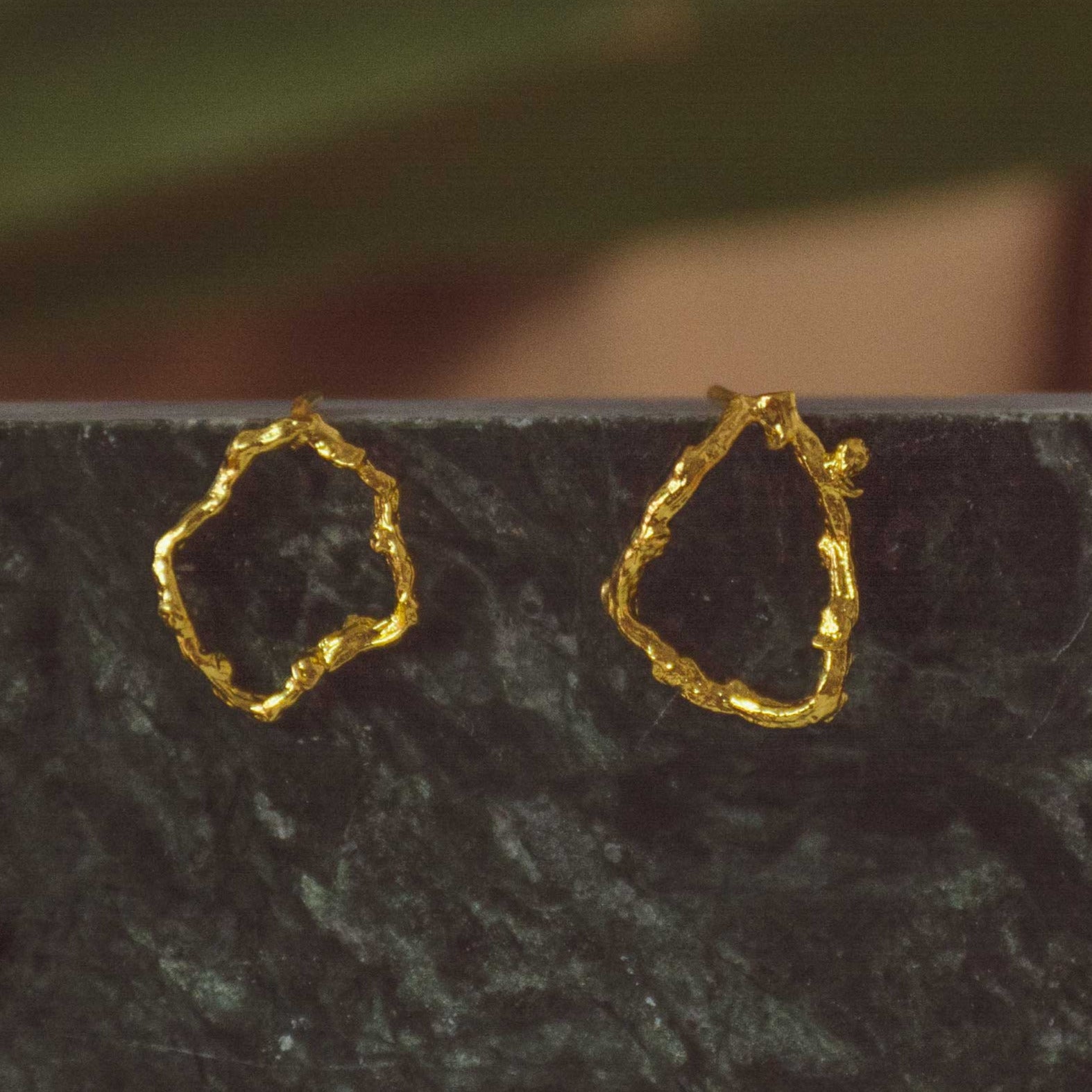 Aretes Topo Ramita Aro en bronce bañado en oro de 24k, con ramitas naturales inmortalizadas
