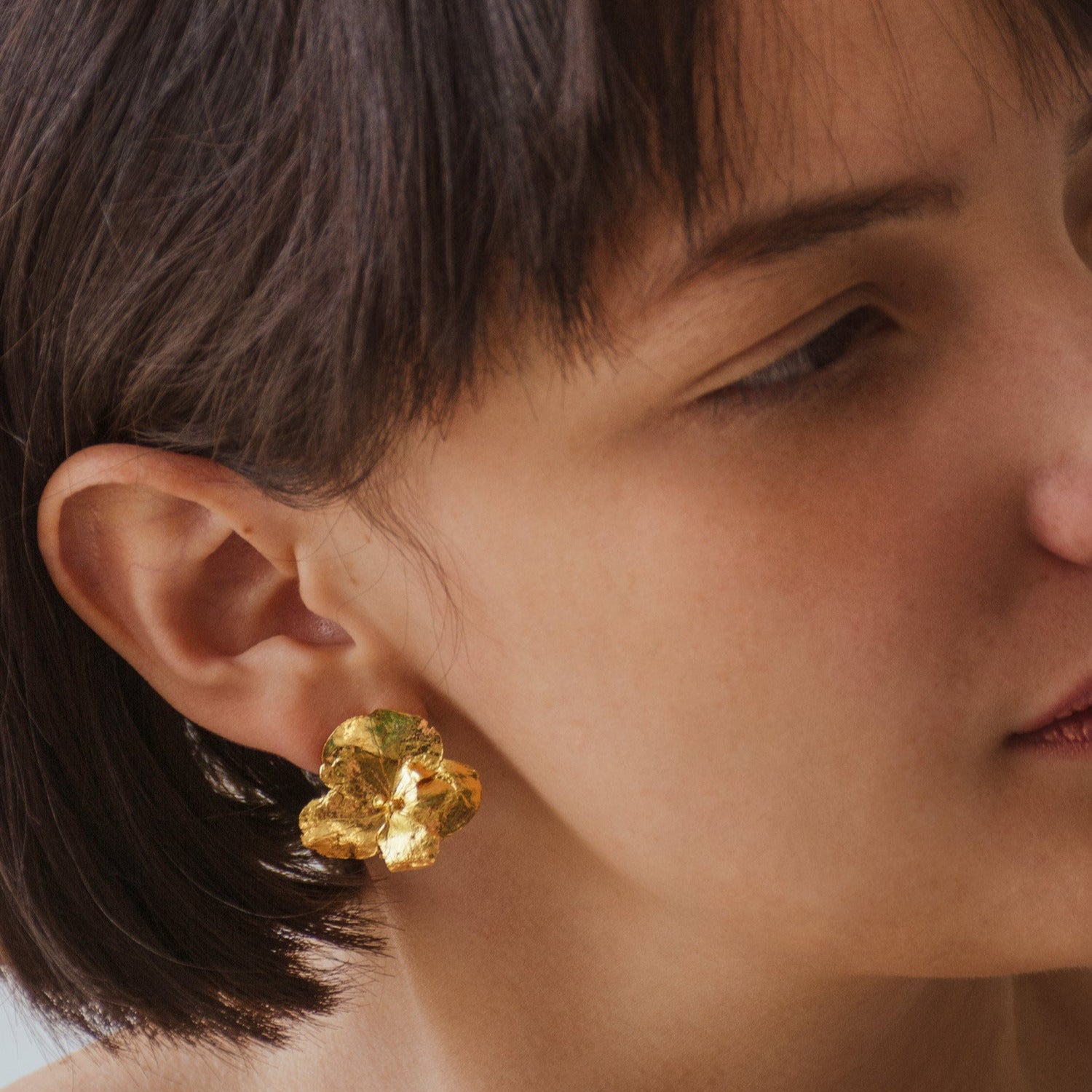 Aretes Topo Flor Hortensia en bronce bañado en oro de 24k, destacando la belleza única de las flores naturales de hortensia de nuestro jardín