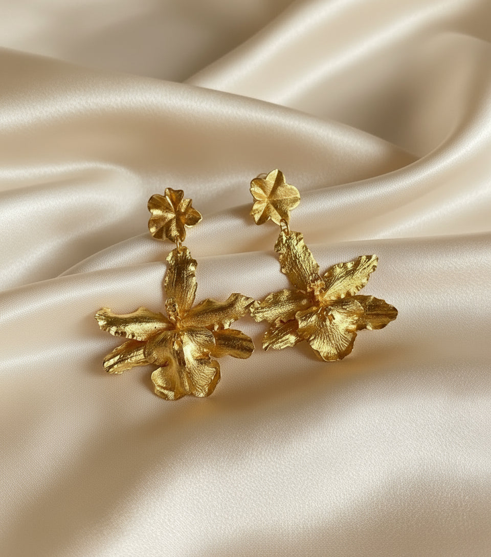 Aretes Orquidea Odontoglossum & Hoja de Hiedra Esmeralda