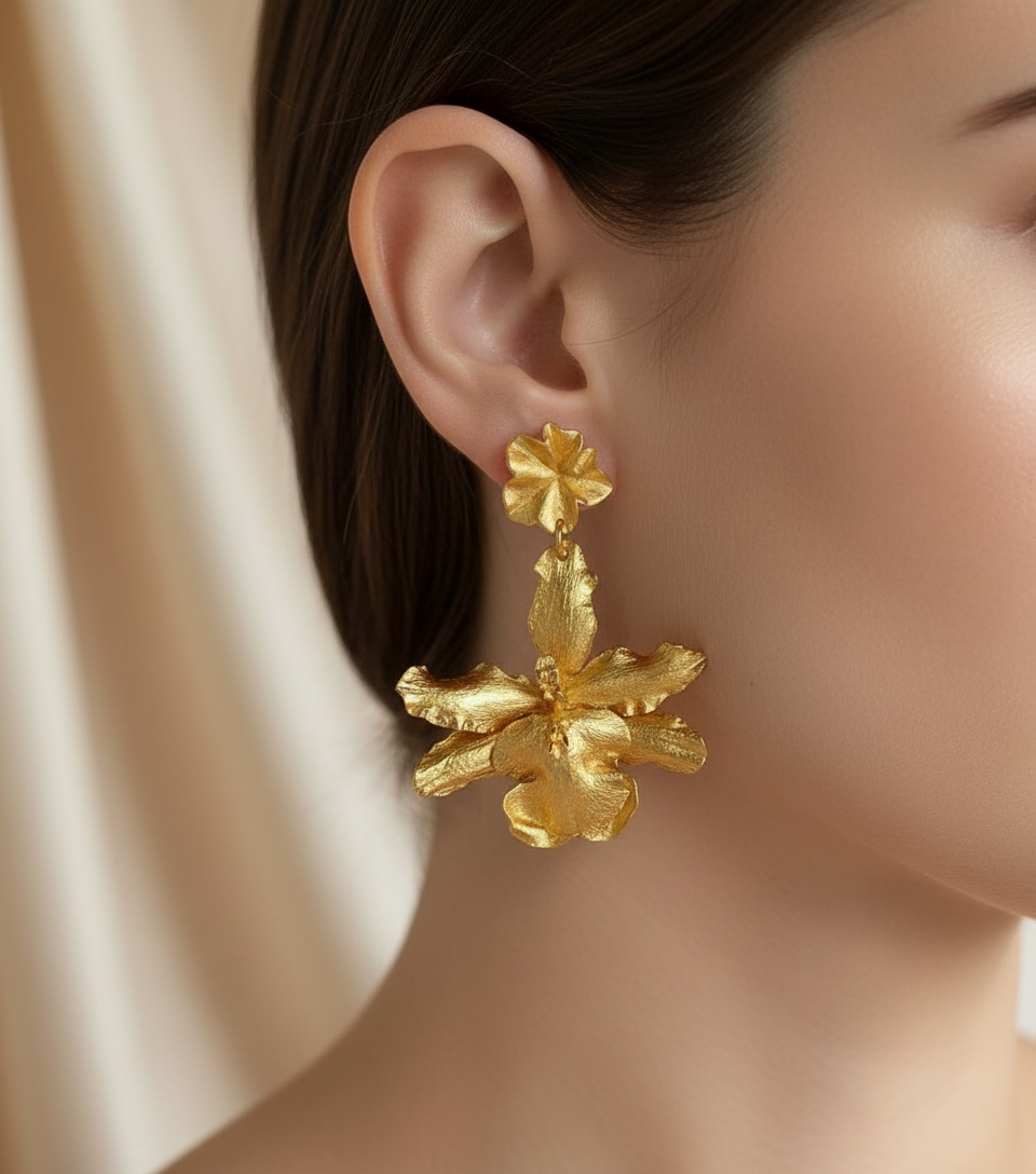 Aretes Orquidea Odontoglossum & Hoja de Hiedra Esmeralda