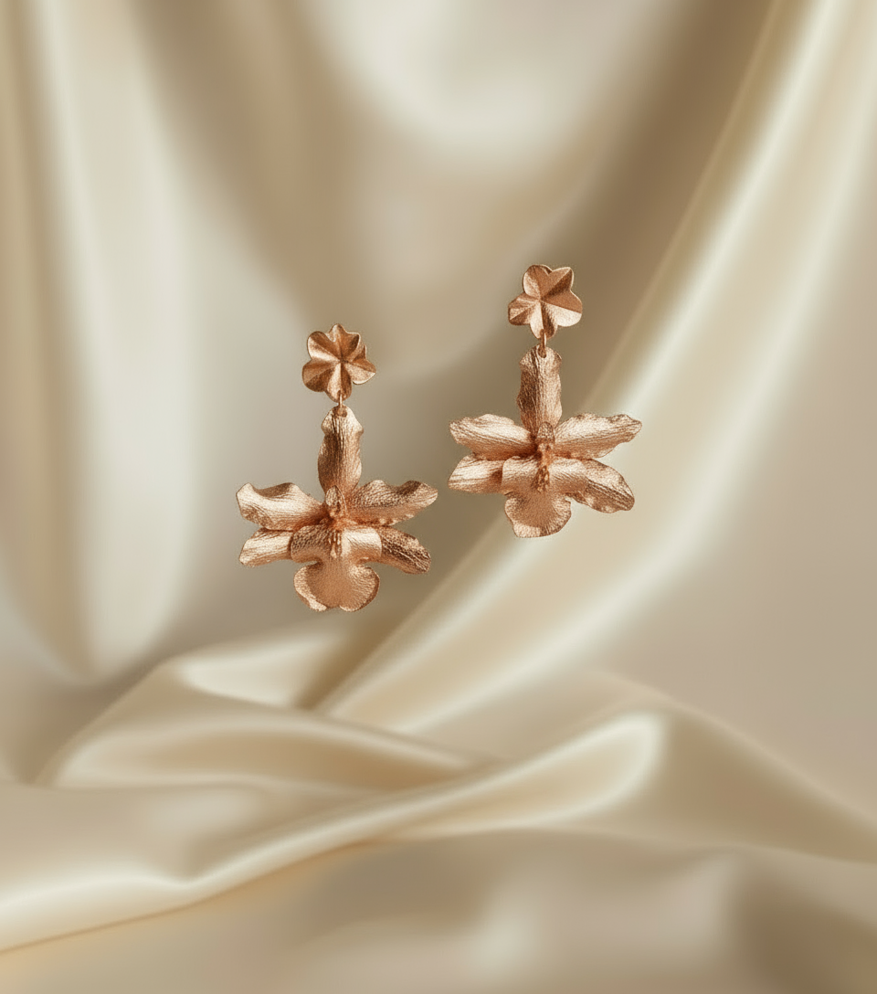 Aretes Orquidea Odontoglossum & Hoja de Hiedra Esmeralda