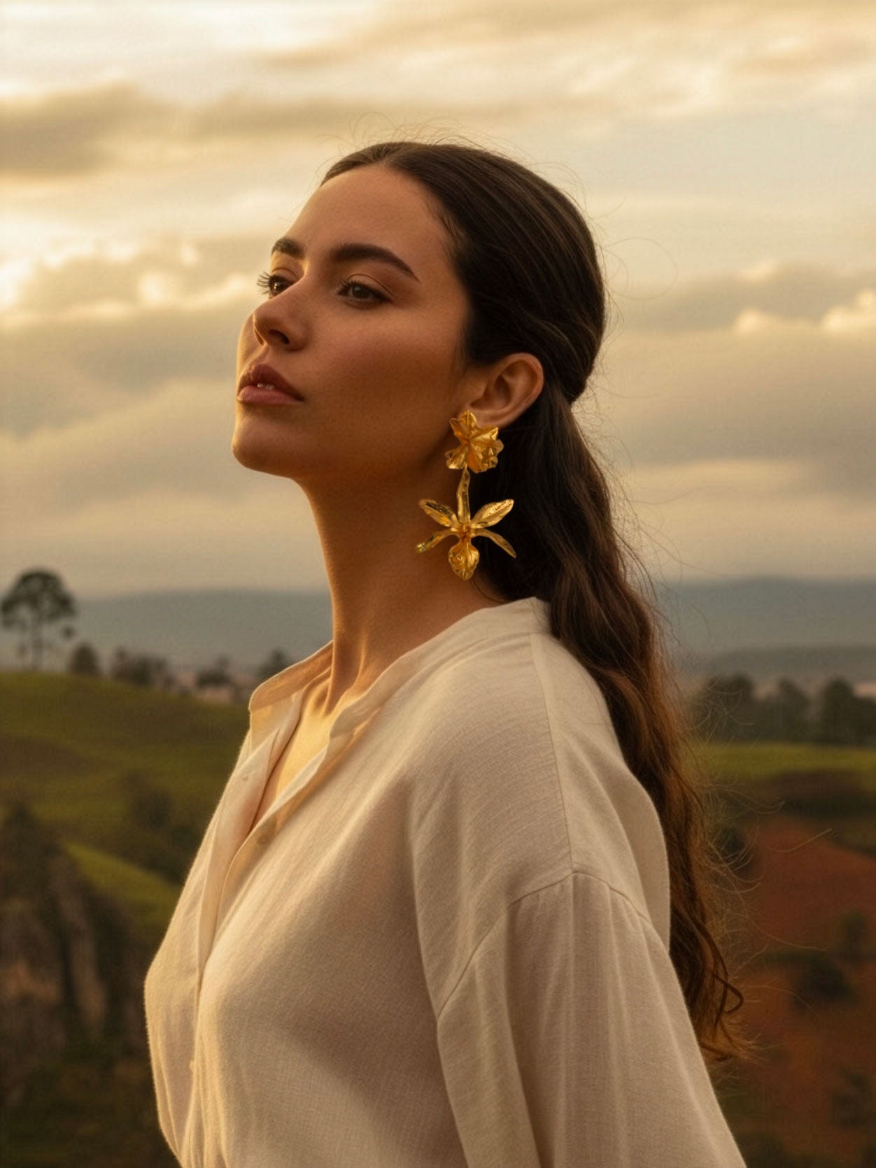 Aretes Orquidea Lluvia de Cereza Hoja Hiedra Esmeralda