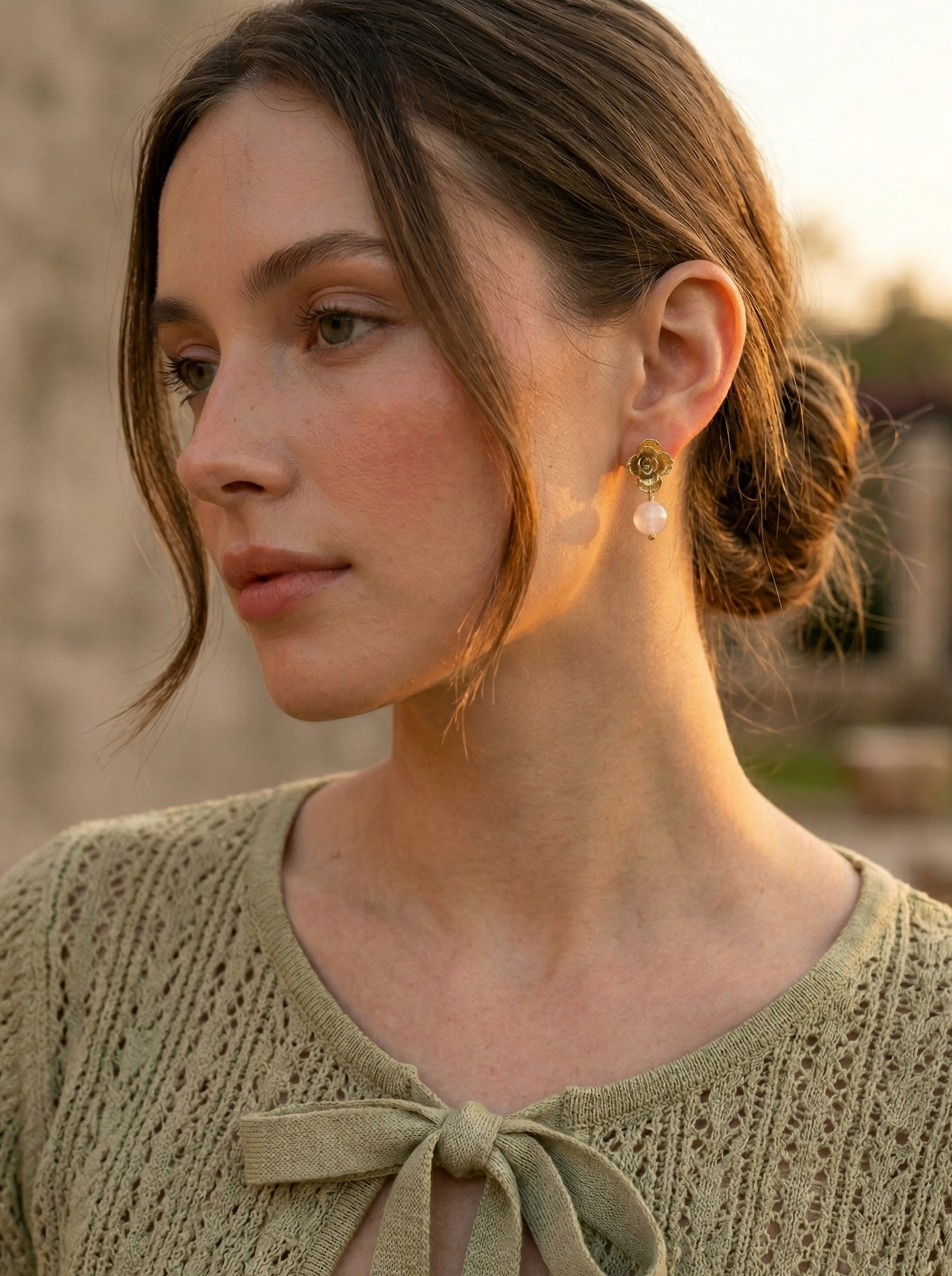 Aretes Topo Flor Suculenta Cuarzo