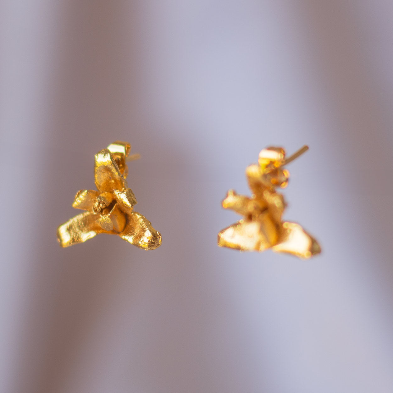 Aretes artesanales de Orquidea Maxilaria inmortalizada en bronce con baño en oro, mostrando detalles únicos de la flor