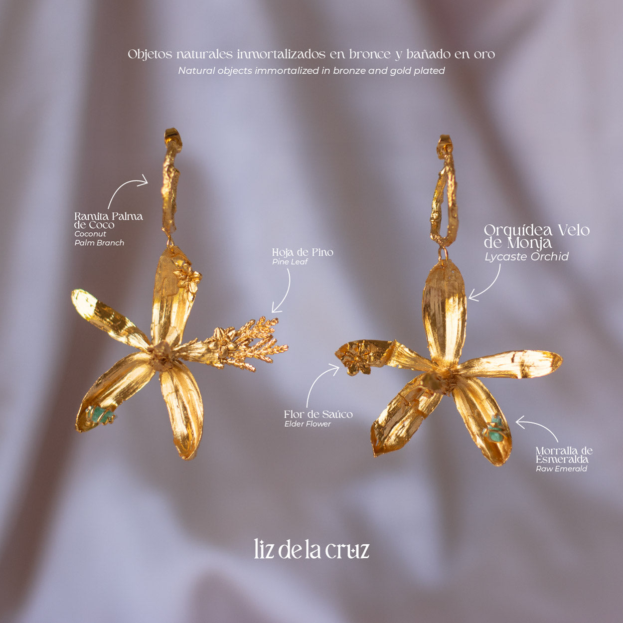 aretes-candonga-orquidea-velo-de-monja-con-morrallas-de-esmeraldas-colombianas-y-oro-24-kilates-diseño-natural-exclusivo