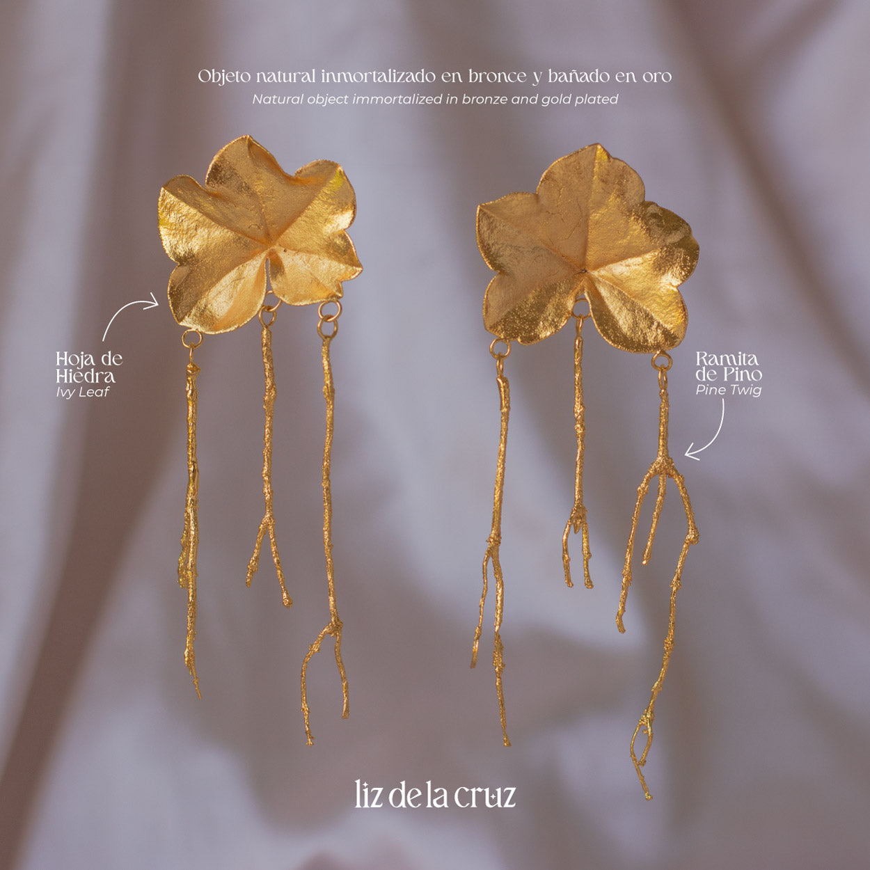 aretes-largos-con-hoja-de-hiedra-y-ramitas-de-pino-inmortalizadas-en-bronce-y-bañadas-en-oro-de-24-kilates-diseño-único