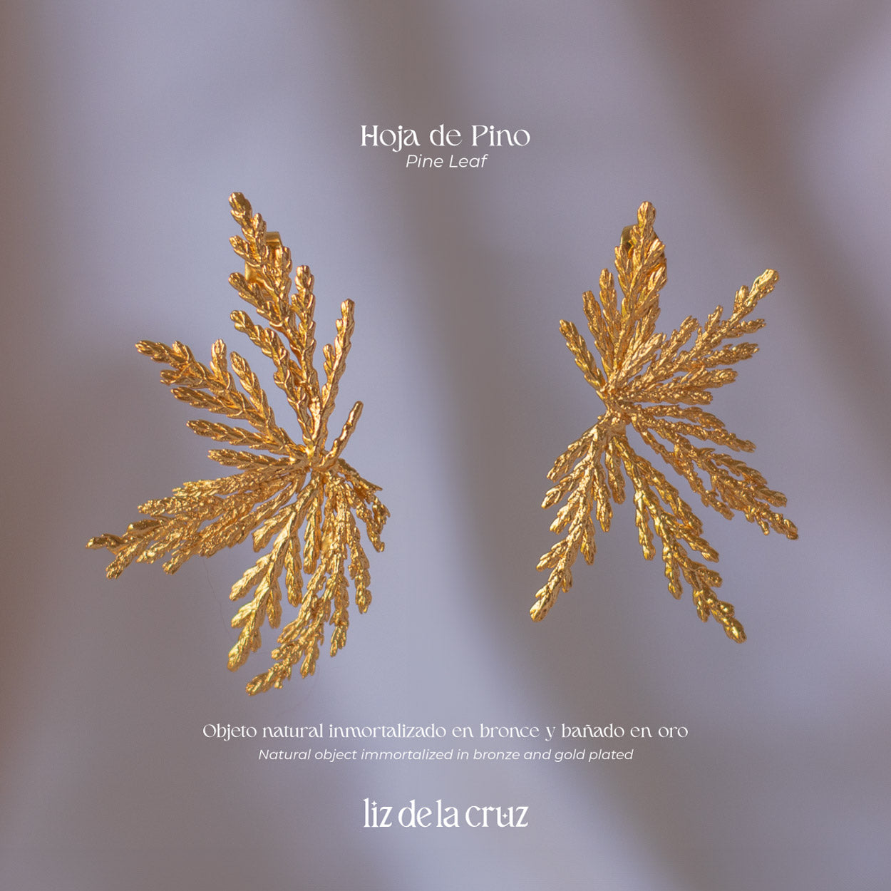 Aretes Hoja Pino Abanico en bronce bañado en oro de 24k, mostrando la delicadeza y la forma única de las hojas de pino natural.