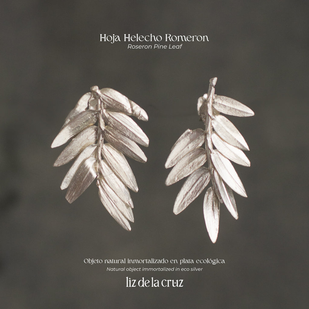 Aretes Helecho Romeron en plata ecológica, cada uno mostrando la forma distintiva de una hoja de pino romerón recolectada en Bogotá