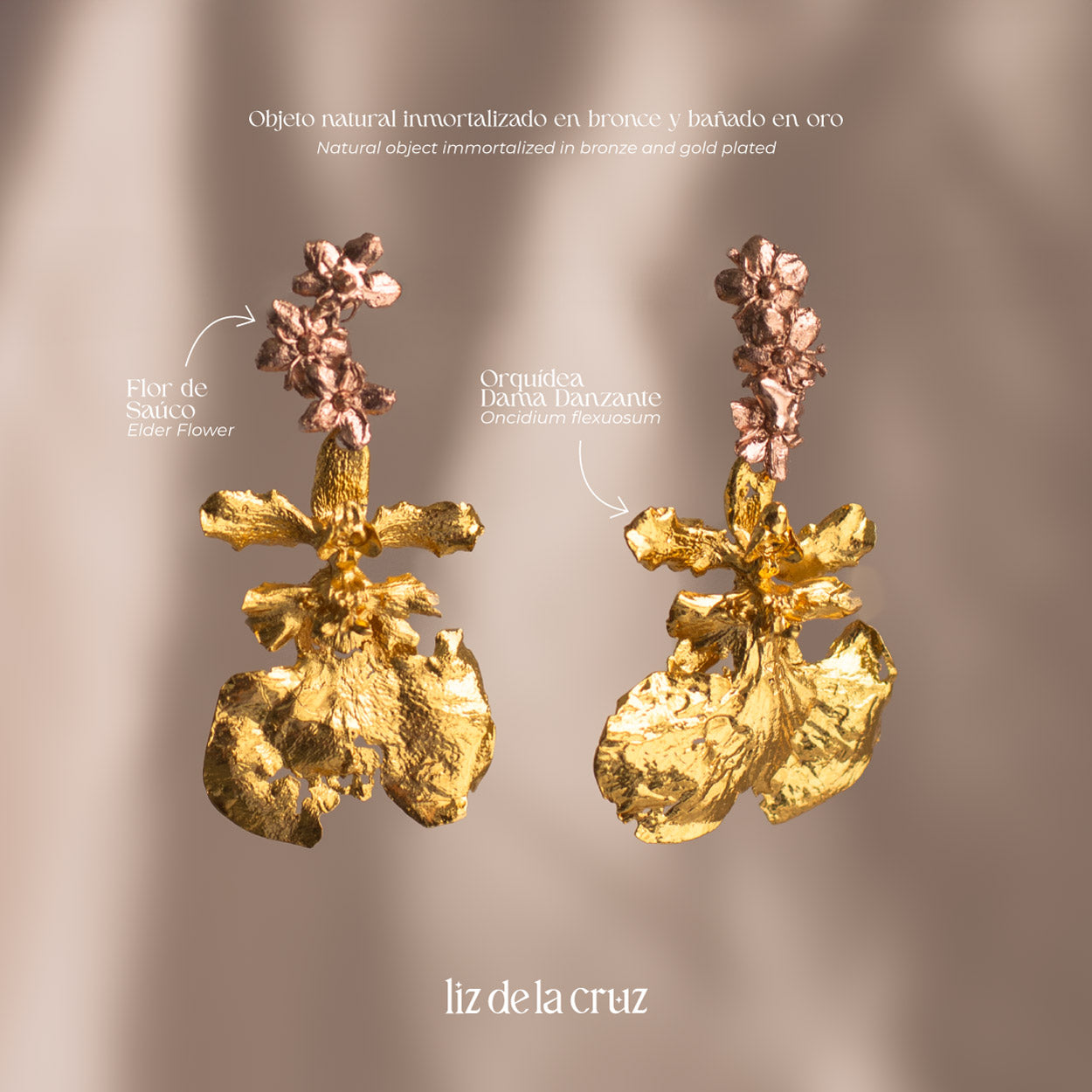 Aretes de Saucos & Orquídea Dama Danzante, con flores naturales inmortalizadas en bronce con baños de oro rosado y de 24k