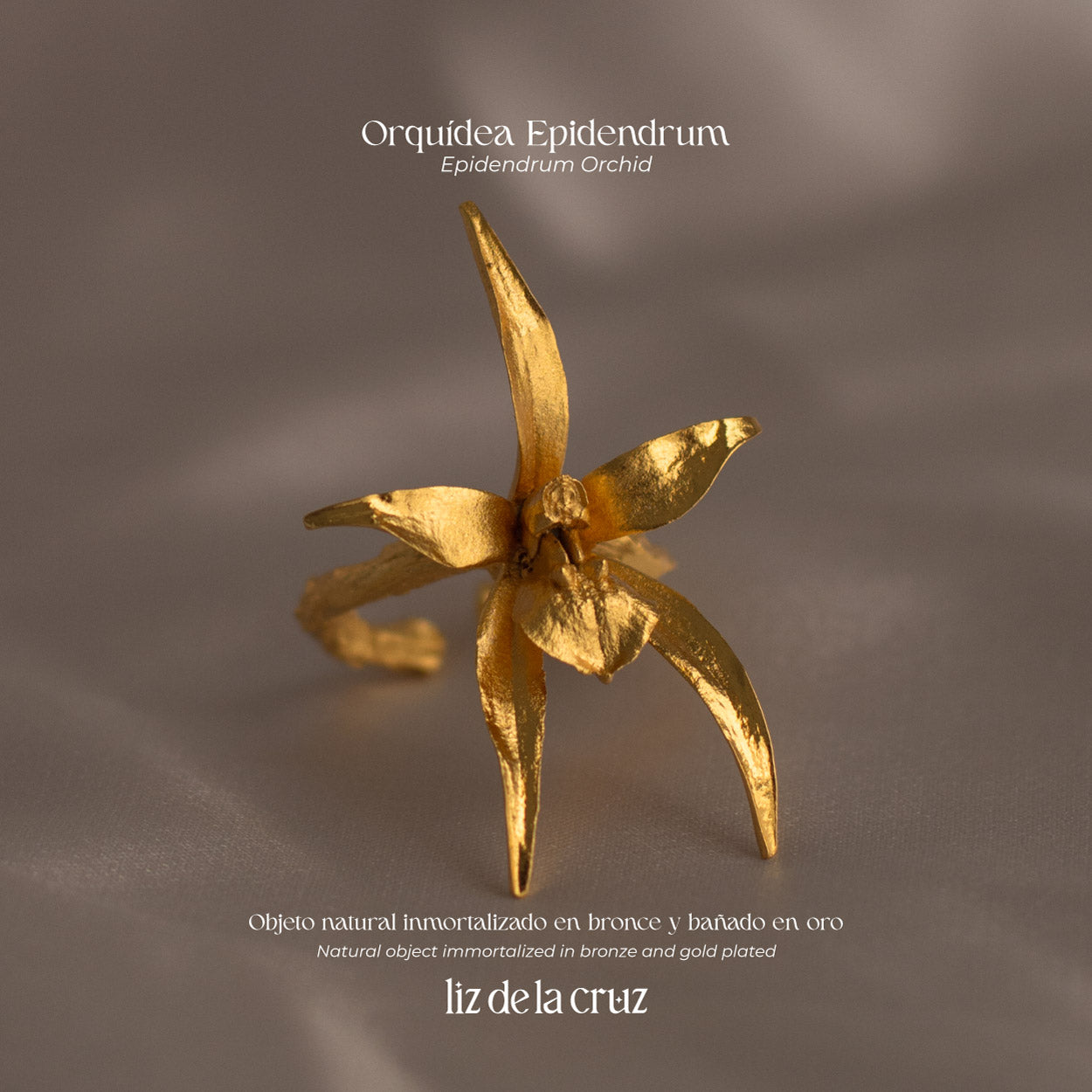 Anillo Orquidea Epidendrum artesanal, con cada flor natural inmortalizada en bronce y realzada con oro de 24k