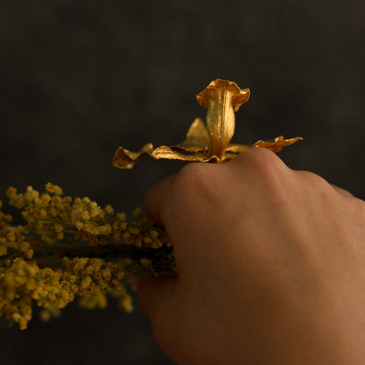 Anillo Orquídea Cattleya en bronce bañado en oro de 24k, mostrando la forma exquisita de una flor natural cultivada en las montañas de Cundinamarca