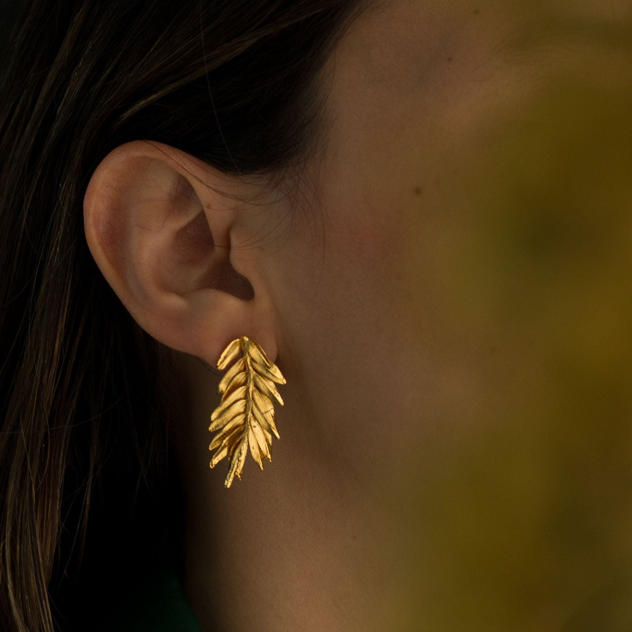 Aretes Hoja Romerón en bronce bañado en oro de 24k, mostrando la forma elegante de una hoja de pino natural recolectada en Bogotá