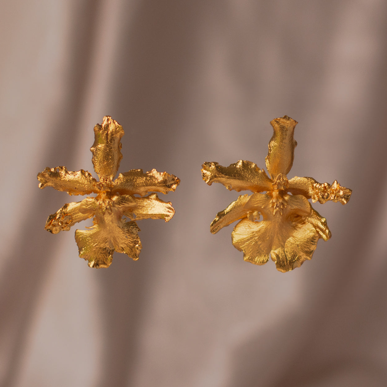 Aretes Orquídea Odontoglossum Flor Sauco, cada uno capturando la esencia individual de estas admirables flores. Elaborados con maestría en bronce y realzados con oro de 24 kilates