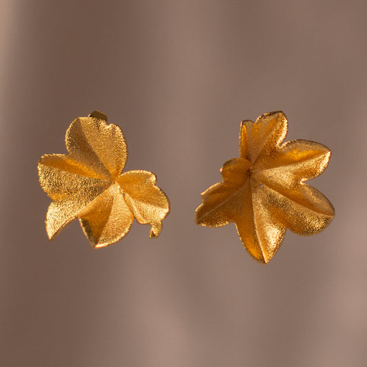 Aretes Topo Hiedra en bronce bañado en oro de 24k, mostrando la forma única y natural de la hoja de hiedra preservada en metal precioso.