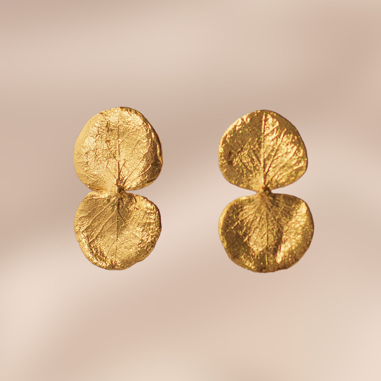 Aretes Topo Eucaliptos en bronce bañado en oro de 24k, destacando la forma única y natural de las hojas de eucalipto de nuestro jardín