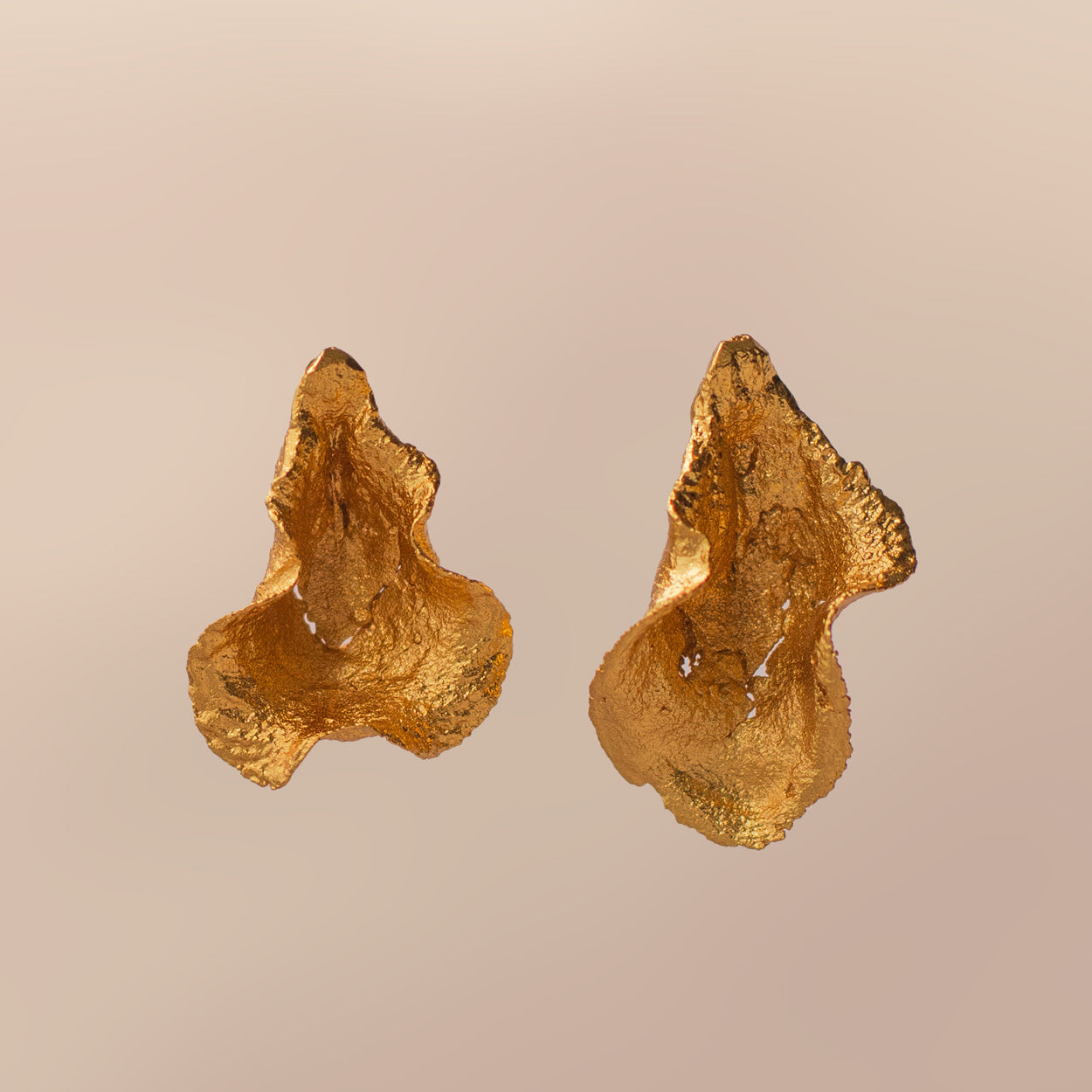 Aretes Topo Conchita Ondulada en bronce bañado en oro de 24k, destacando la forma natural y única de las conchitas inmortalizadas