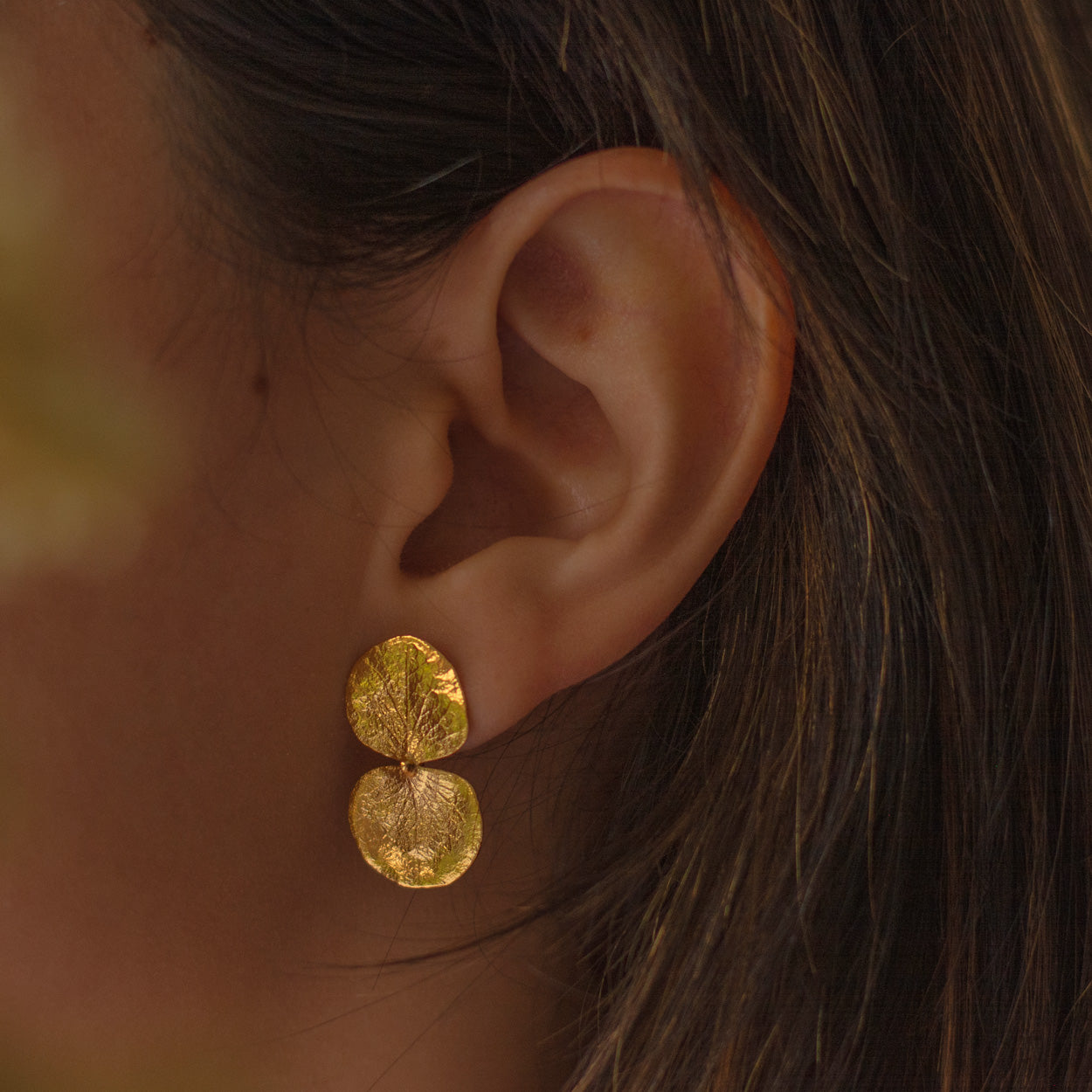 Aretes Topo Eucaliptos en bronce bañado en oro de 24k, destacando la forma única y natural de las hojas de eucalipto de nuestro jardín