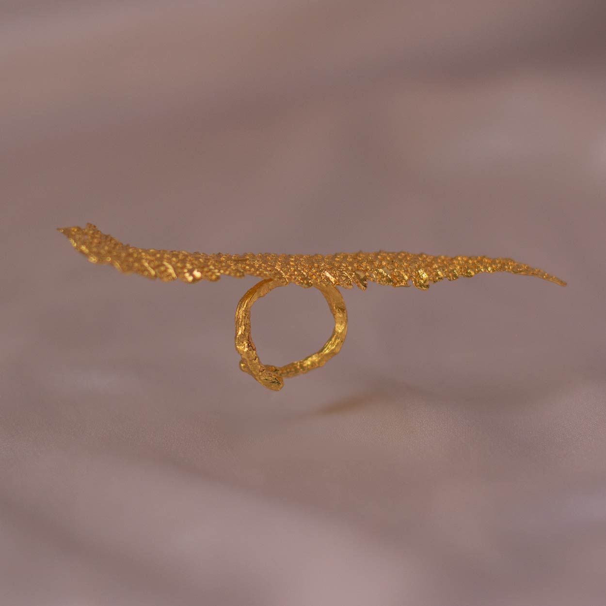 Anillo Hoja Helecho Grande en bronce bañado en oro de 24k, resaltando la forma única de las hojas de helecho inmortalizadas