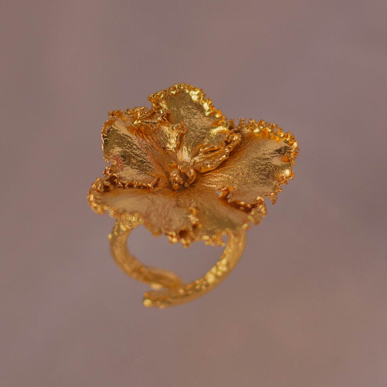 Anillo Flor Ornamental en bronce bañado en oro de 24k, diseño exclusivo
