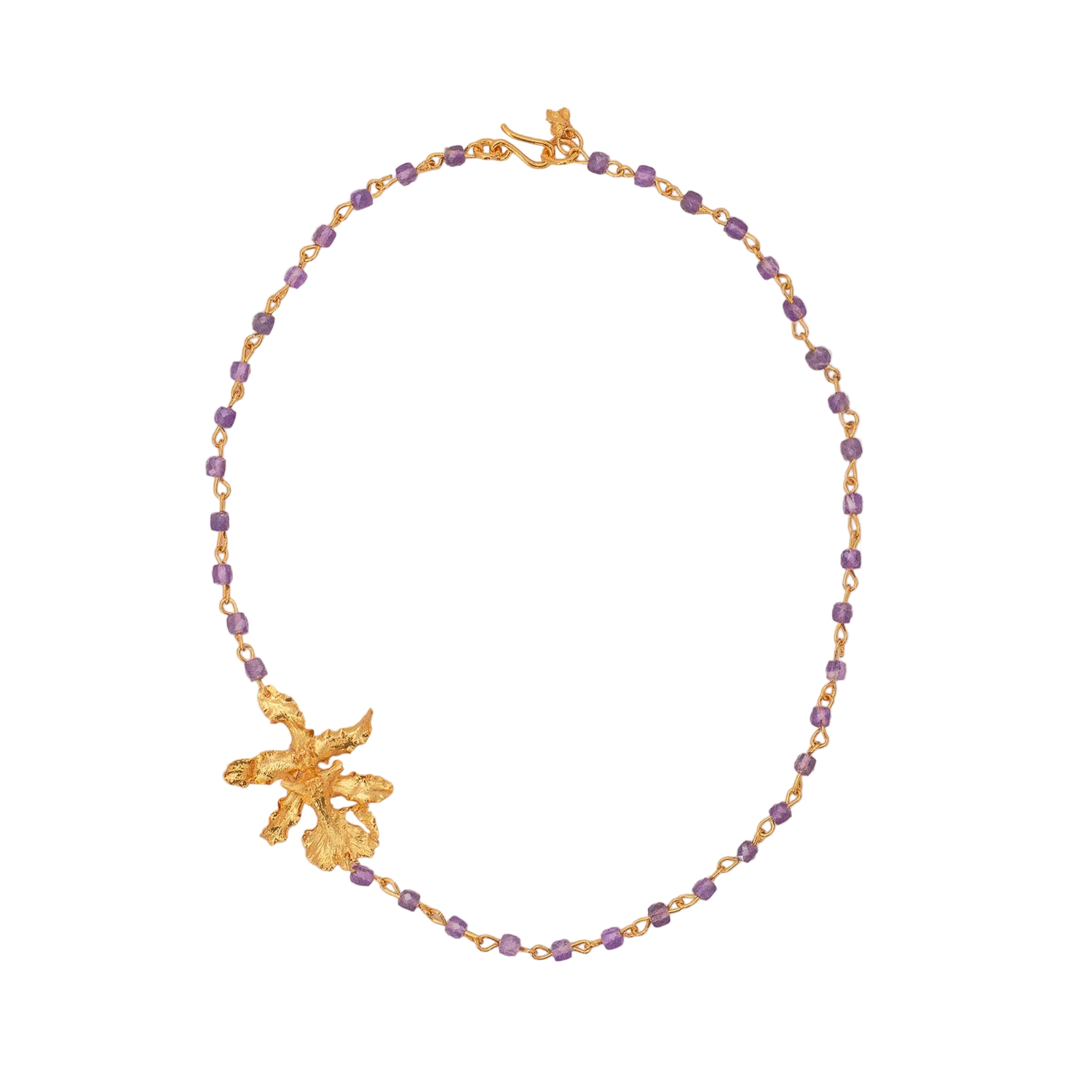 Collar dorado con dije de orquídea pequeña tipo Chocolate y piedra natural de cuarzo amatista violeta.