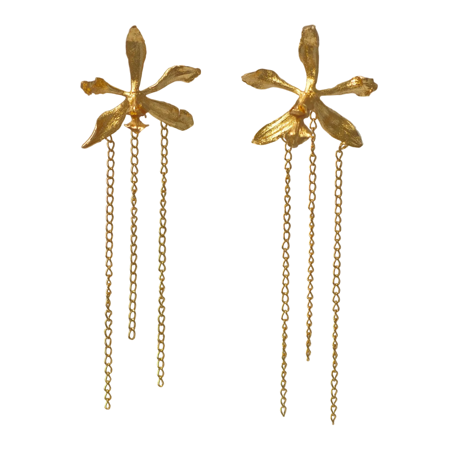 Joyería botánica Colombia: aretes orquídea Encyclia oncidioides oro 24k con cadenas colgantes, flor real inmortalizada, fundición orgánica

