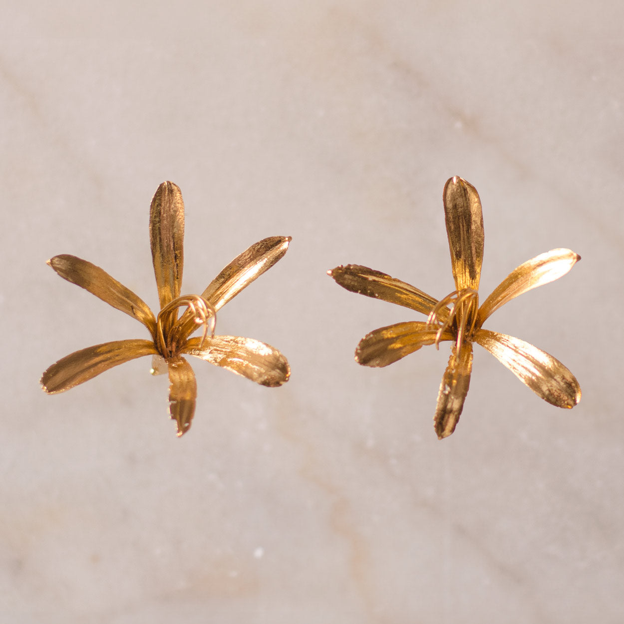 Aretes Topo Lirio Agapanto en bronce bañado en oro de 24k, destacando la belleza y singularidad de las flores naturales.