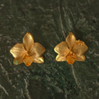 Aretes Orquidea Phalaenopsis natural inmortalizado en bronce con enchape de oro con detalle de esmeralda colombiana y flores de sauco