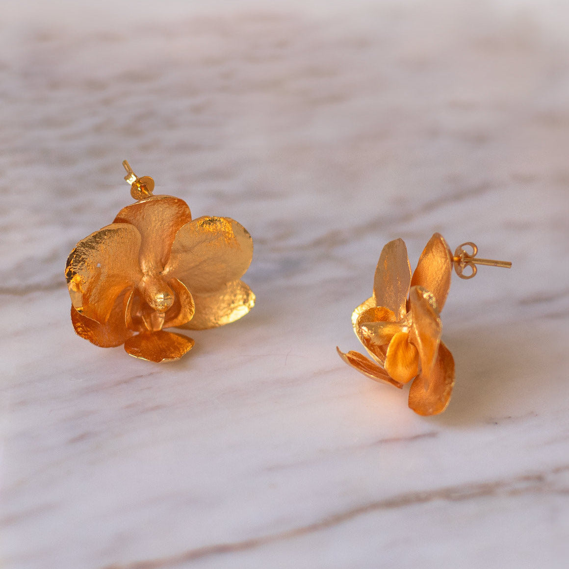 aretes topo orquídea phalaenopsis baby en bronce enchapado en oro diseño único