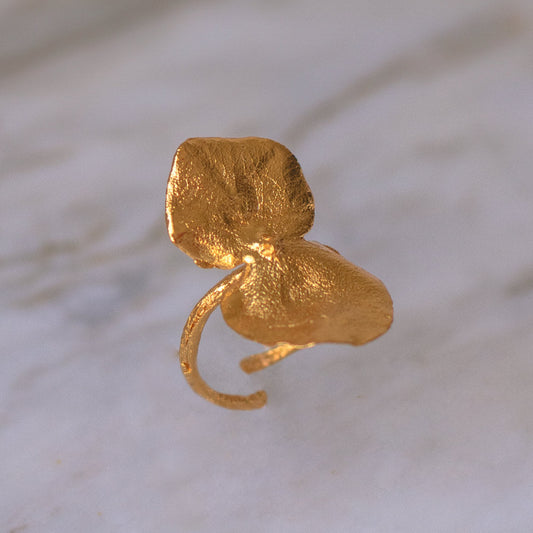 Anillo Eucalipto Inmortalizado en bronce bañado en oro de 24k, destacando la delicadeza y la forma única de la hoja natural