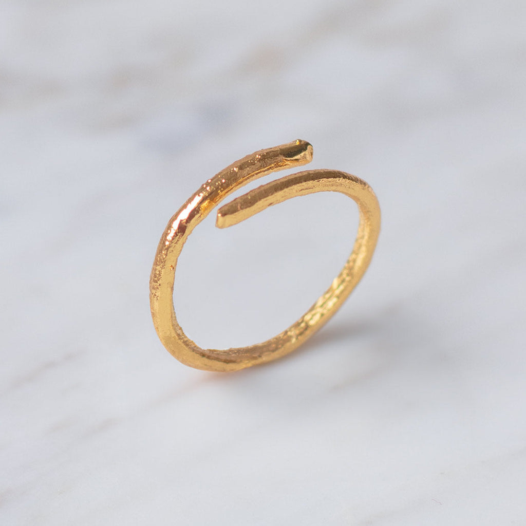 Anillo Ramita en bronce bañado en oro de 24k, destacando la textura y forma única de la ramita natural.