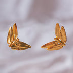 Aretes Topo Helecho Romerón Mini en bronce bañado en oro de 24k, mostrando la forma natural de las hojas de helecho inmortalizadas