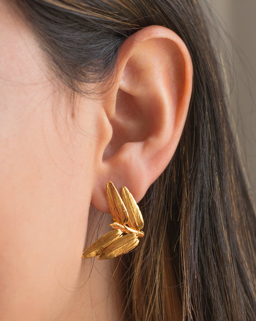 Aretes Topo Helecho Romerón Mini en bronce bañado en oro de 24k, mostrando la forma natural de las hojas de helecho inmortalizadas