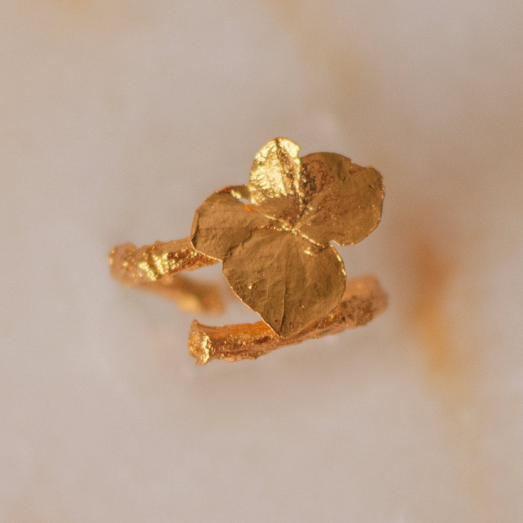 Anillo Hortensia Mini Natural en bronce bañado en oro de 24k, mostrando la exquisita belleza de una flor de hortensia inmortalizada en metal