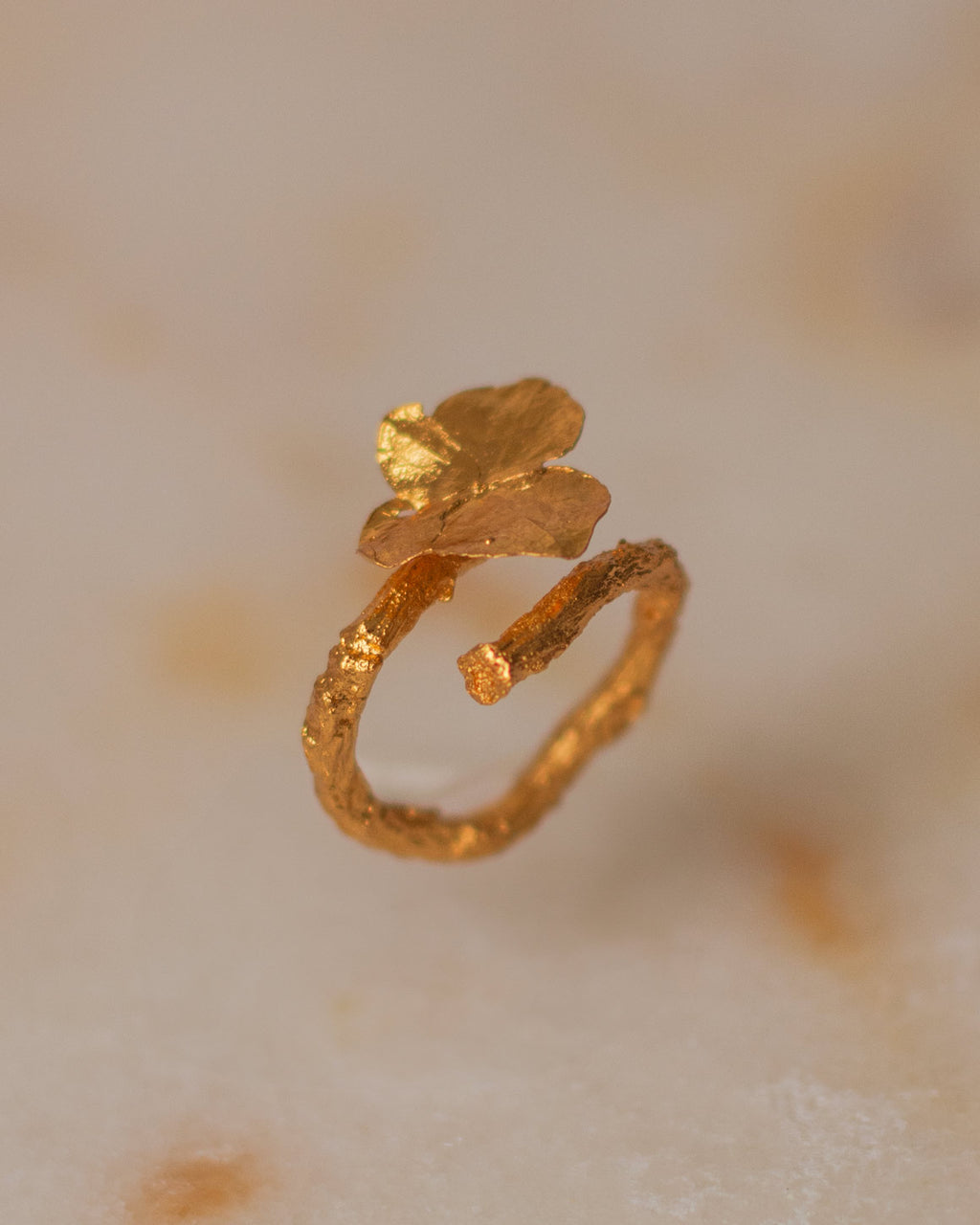Anillo Hortensia Mini Natural en bronce bañado en oro de 24k, mostrando la exquisita belleza de una flor de hortensia inmortalizada en metal