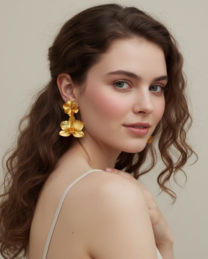 ARETES ORQUIDEA PHALAENOPSIS HOJA HIEDRA ESMERALDA