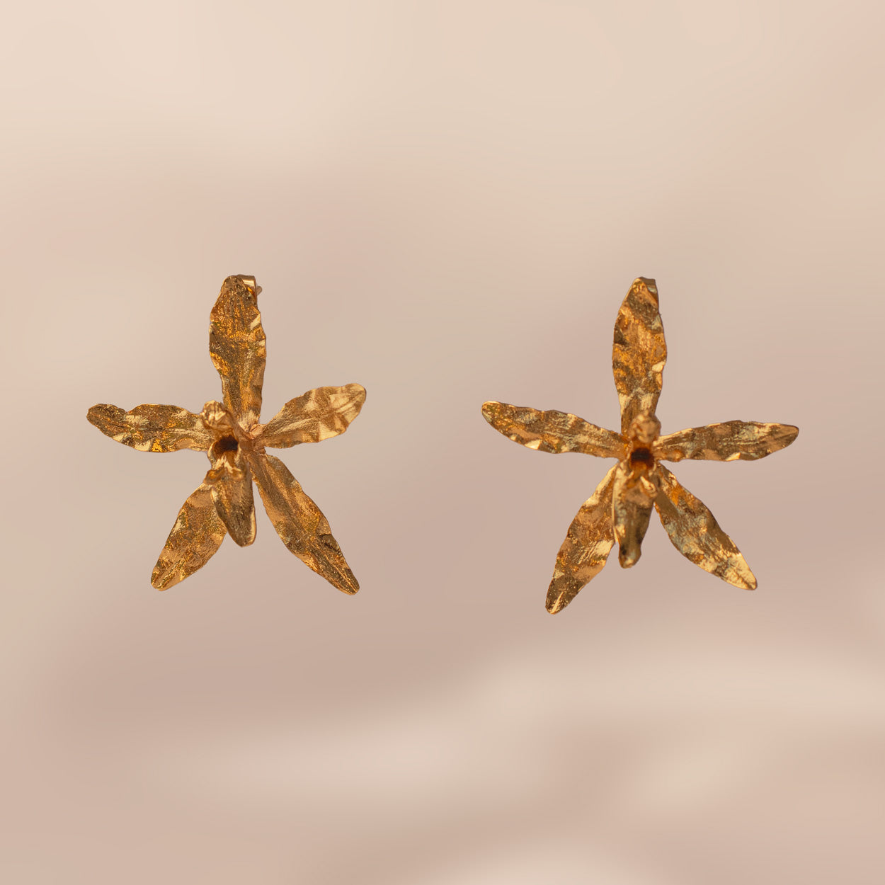 Aretes Topo Orquídea Oncidium Maculatum en bronce bañado en oro de 24k, destacando la belleza exótica de las flores inmortalizadas