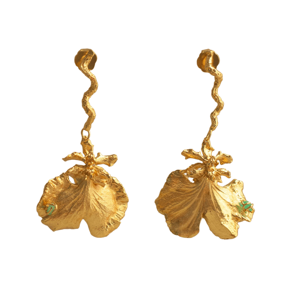 Aretes Largos Orquidea Dama Danzante Esmeralda - Joyería Botánica | Liz de la Cruz