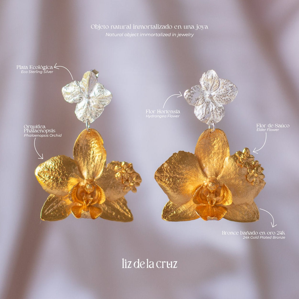 Aretes Orquidea Phalaenopsis & Hortensia - Joyería Botánica | Liz de la Cruz