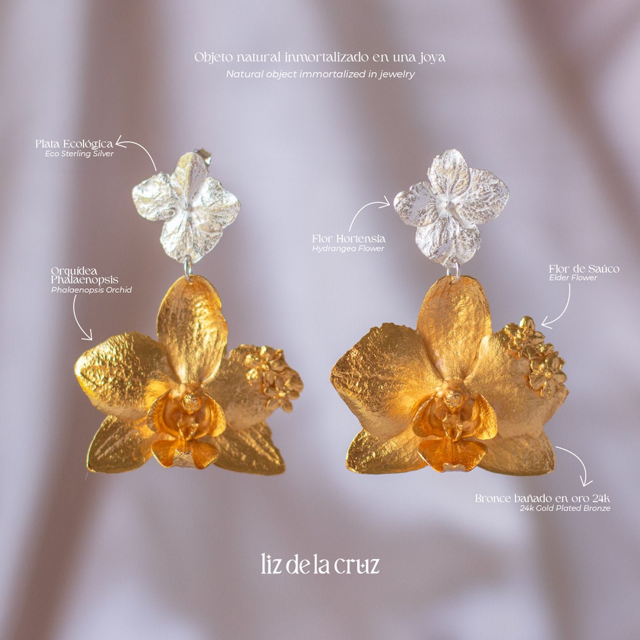 Aretes Orquidea Phalaenopsis & Hortensia - Joyería Botánica | Liz de la Cruz