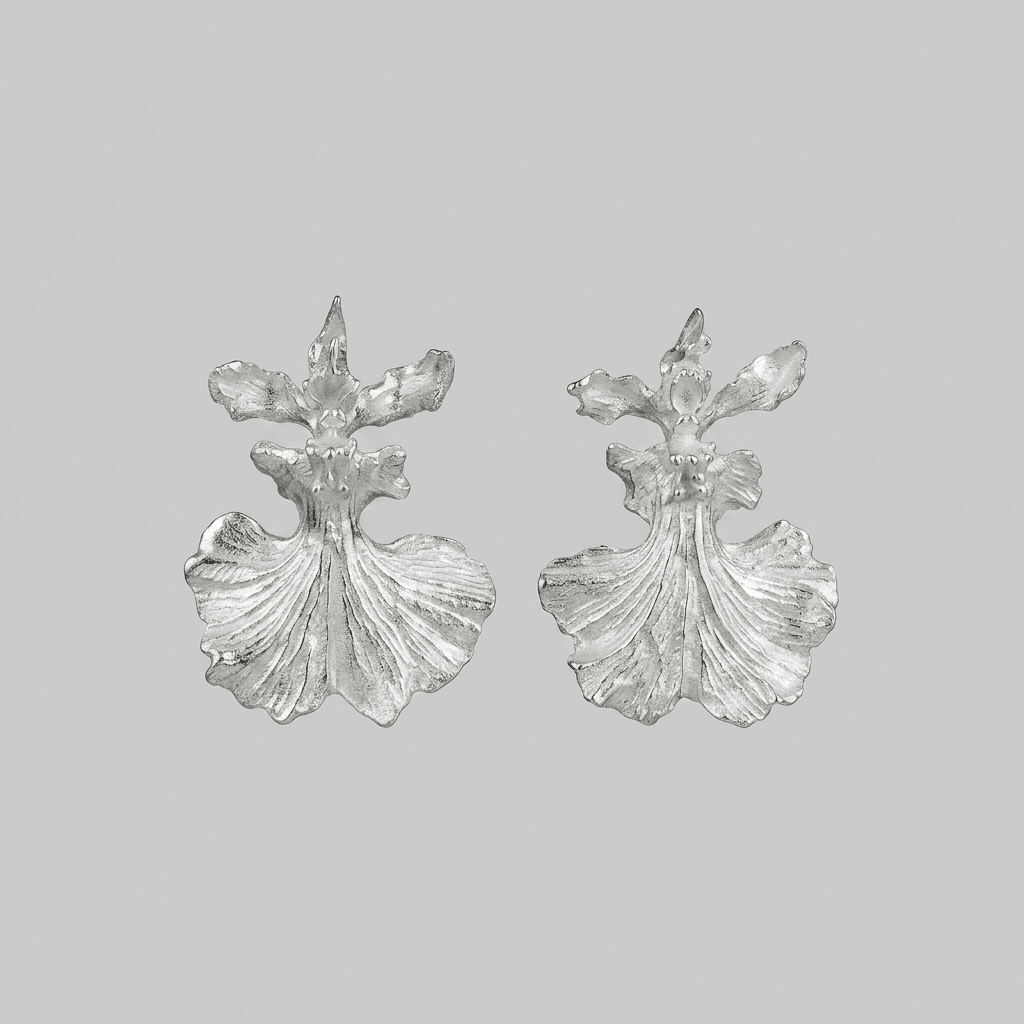 Aretes Topo Orquídea Dama Danzante Plata Ecológica - Joyería Botánica | Liz de la Cruz