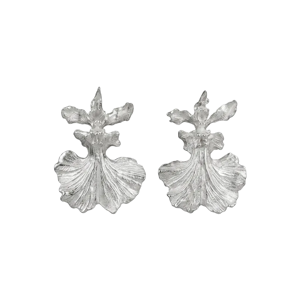 Aretes de orquídea Dama Danzante mini en plata ecológica — joyería botánica artesanal Colombia