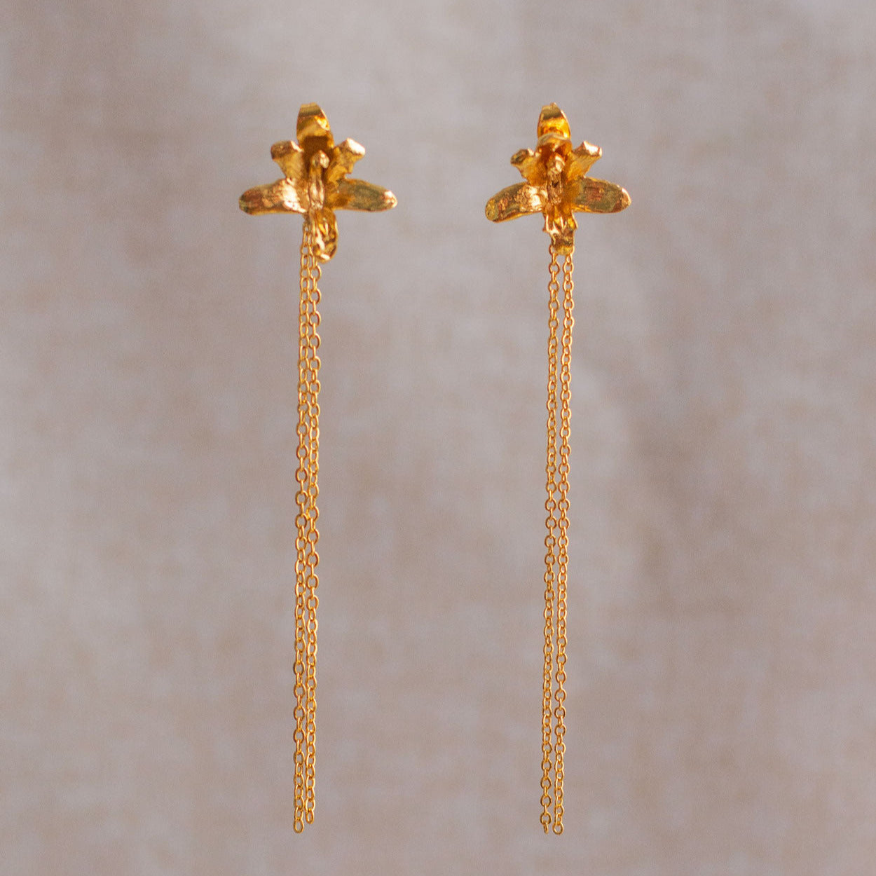 Aretes artesanales de 10 cm con orquídea Maxilaria en bronce con baño de oro.