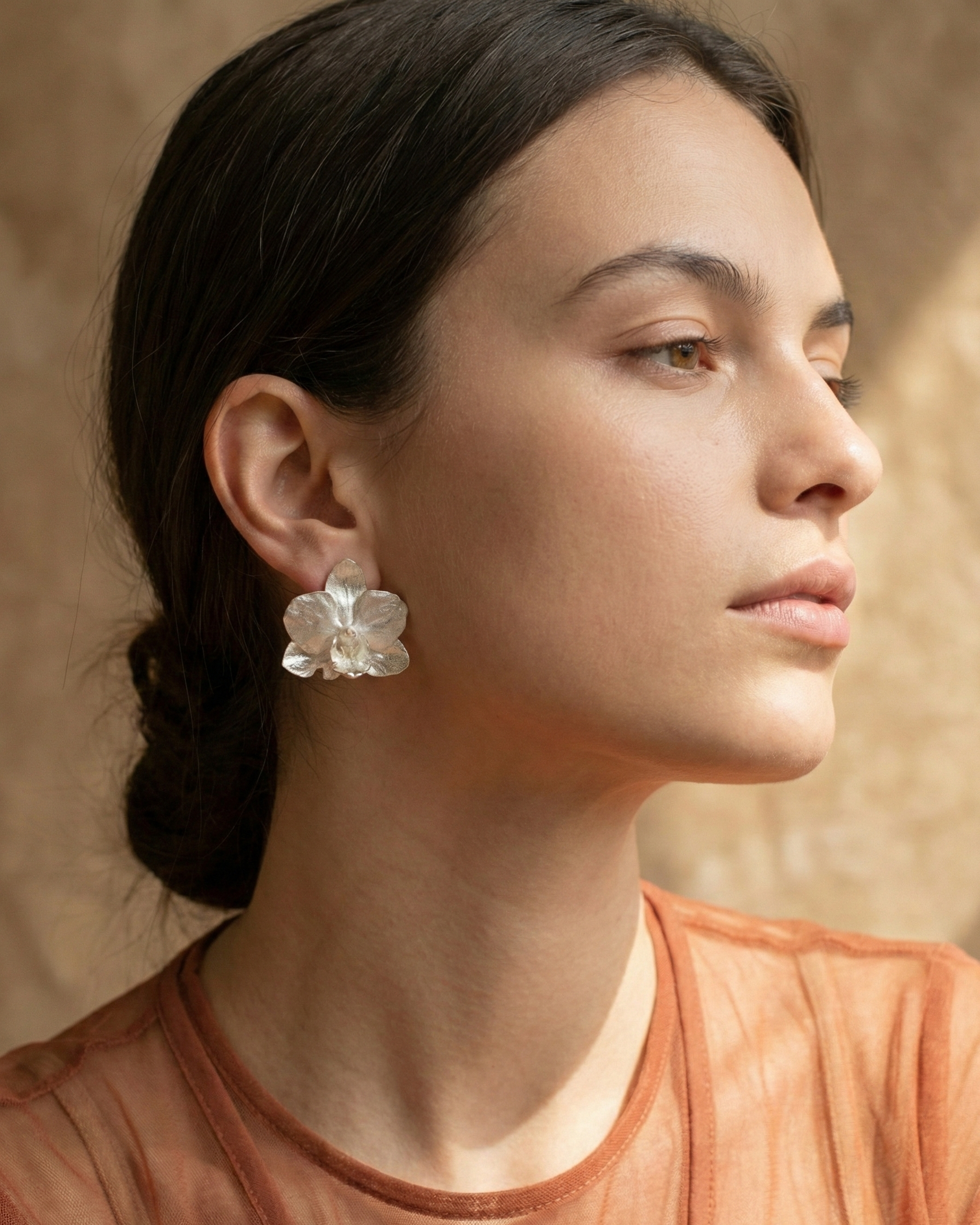 Aretes Topo Orquidea Phalaenopsis Baby Plata Eco