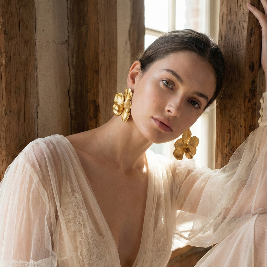 Aretes maxi de orquídea Vanda inmortalizada en bronce con baño de oro y esmeralda natural, joyería de autor colombiana.