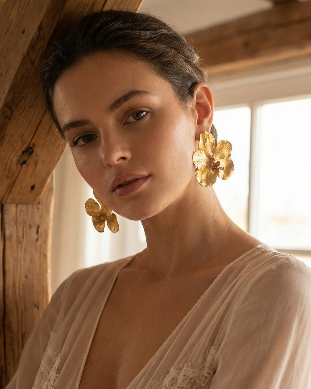 Aretes maxi de orquídea Vanda inmortalizada en bronce con baño de oro y esmeralda natural, joyería de autor colombiana.